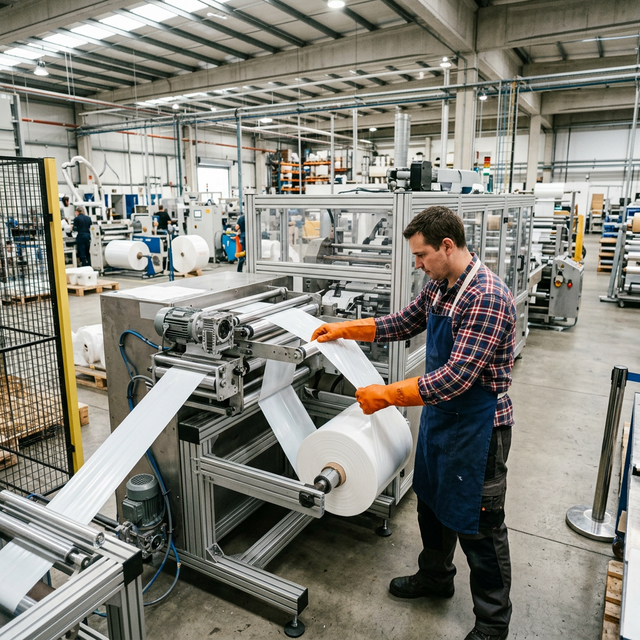 Factory worker handling packaging material